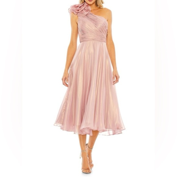 Macduggal One Shoulder Tea Length Dress Size 4 B221 - Picture 1 of 5